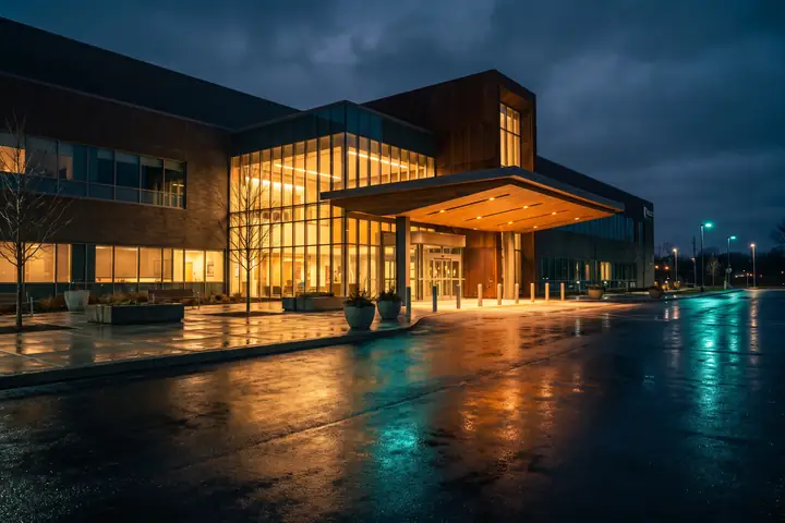 A hospital emergency entrance at night with red and amber warning lights reflecting on wet asphalt
