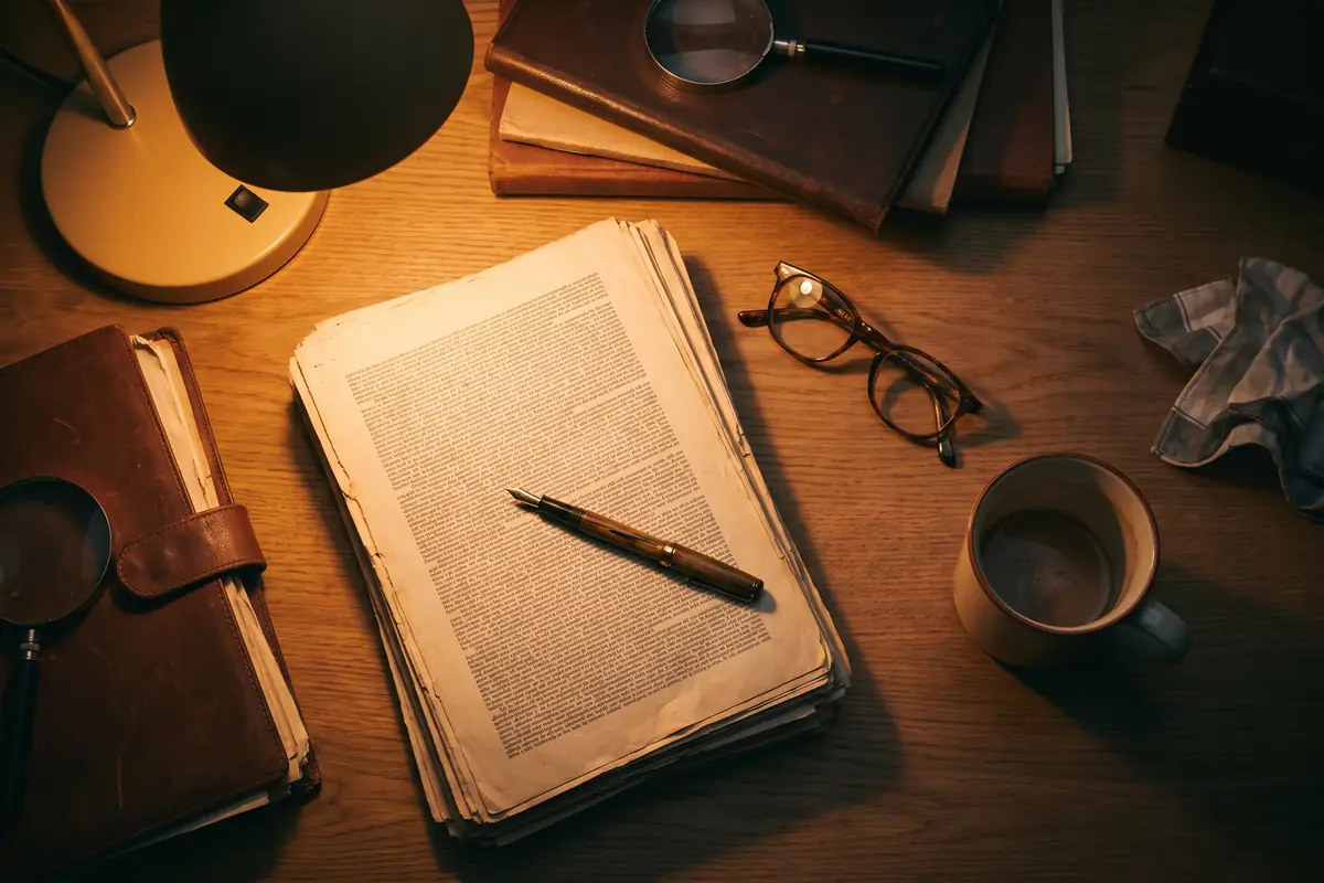 An overhead view of a pen resting on a printed settlement document beside reading glasses