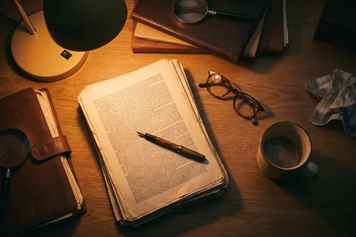 An overhead view of a pen resting on a printed settlement document beside reading glasses