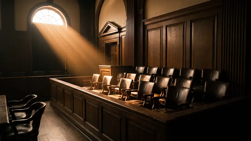 An empty jury box in an American courtroom lit by a single hard shaft of amber light