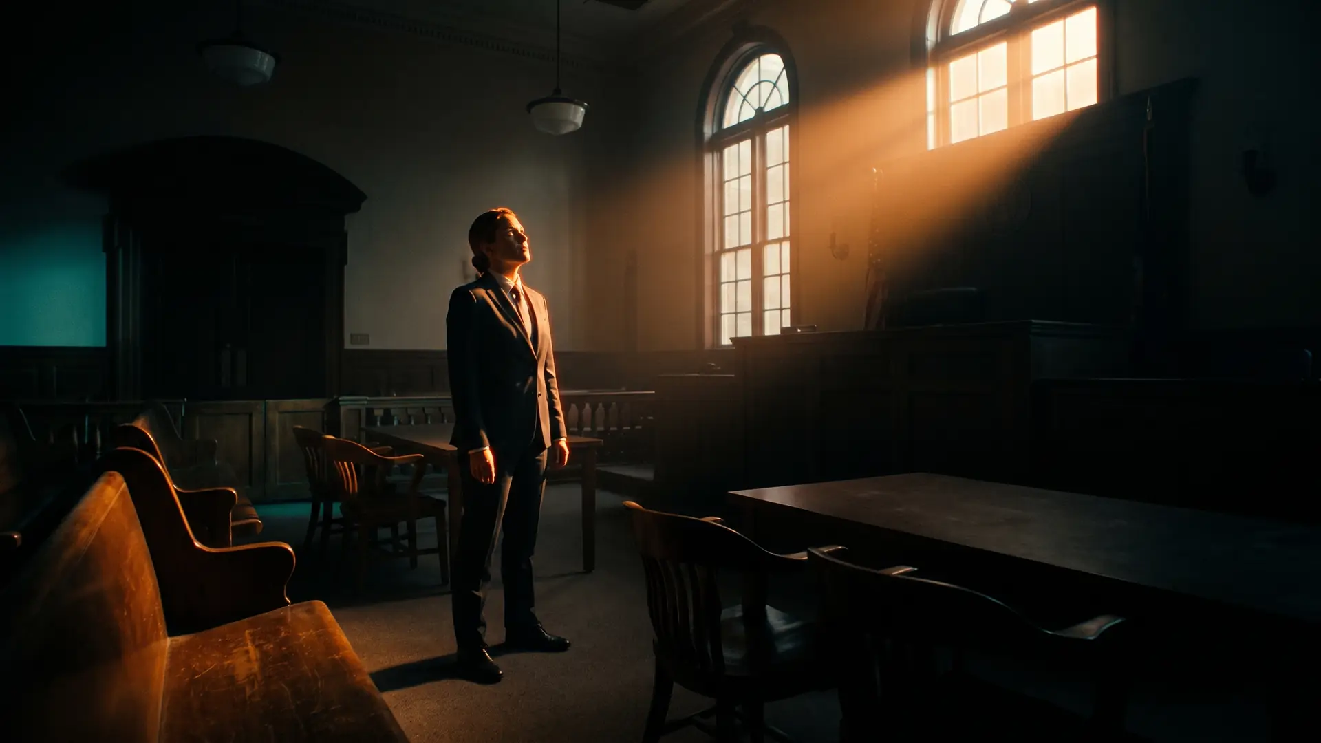 A trial attorney standing alone in an empty courtroom, lit by a hard shaft of warm light