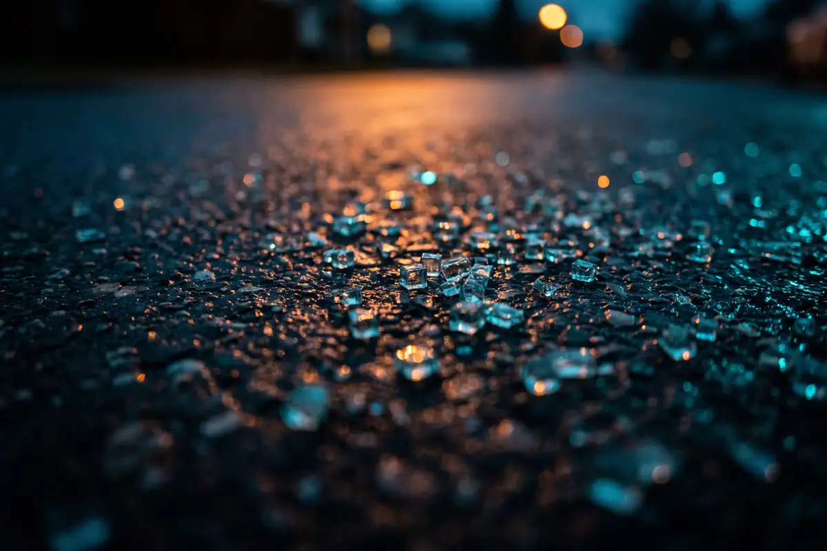 Shattered safety glass scattered across wet asphalt at dusk under orange streetlight