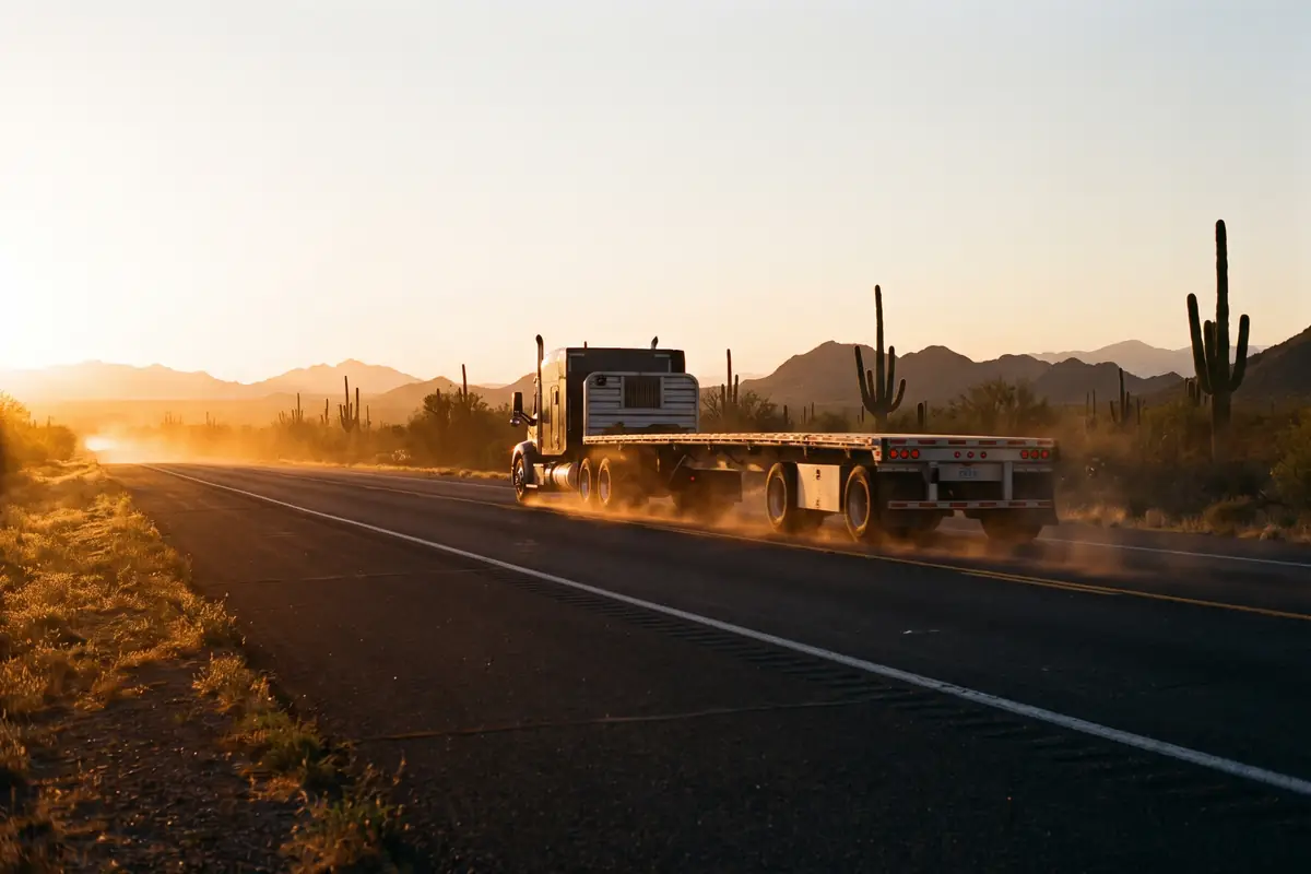 Tractor trailer travelling an open Arizona desert highway in golden hour heat haze