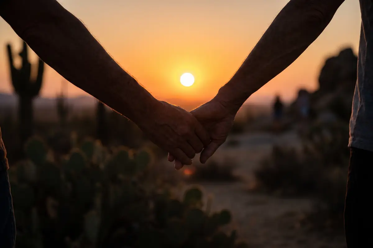 Two hands clasped in comfort, backlit by a low warm desert sunset